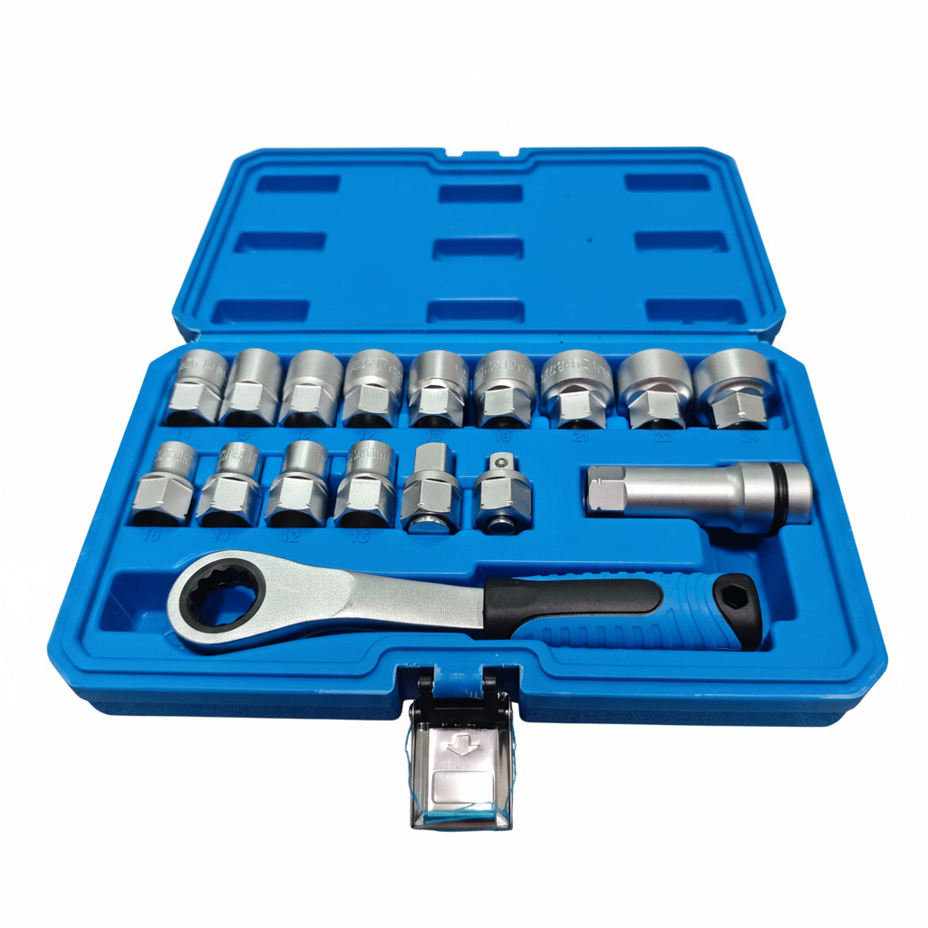 197【ブルーソーダとポシェットセット】 17-Piece Through-Core Ratchet Socket Set – 12-Point Spline 10–24mm