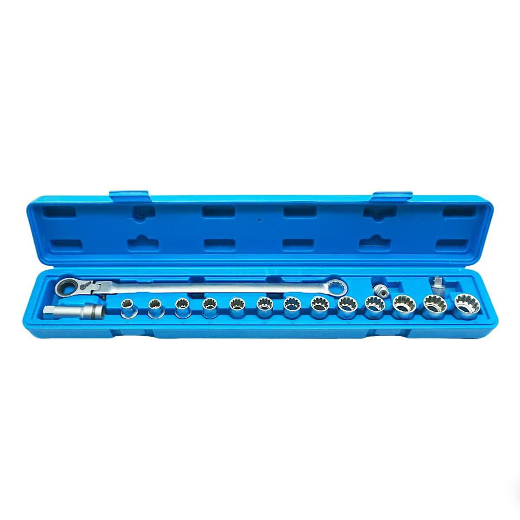 Extra-Long Flex-Head Ratchet Socket Wrench Set — 12-Point Spline Sockets, Cr-V, Satin Chrome