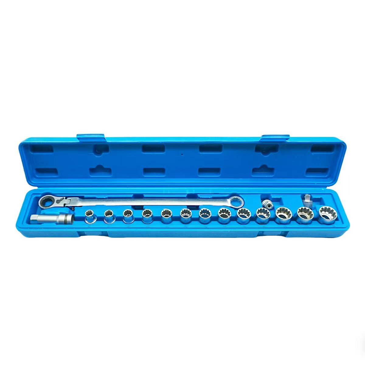 Extra-Long Flex-Head Ratchet Socket Wrench Set — 12-Point Spline Sockets, Cr-V, Satin Chrome