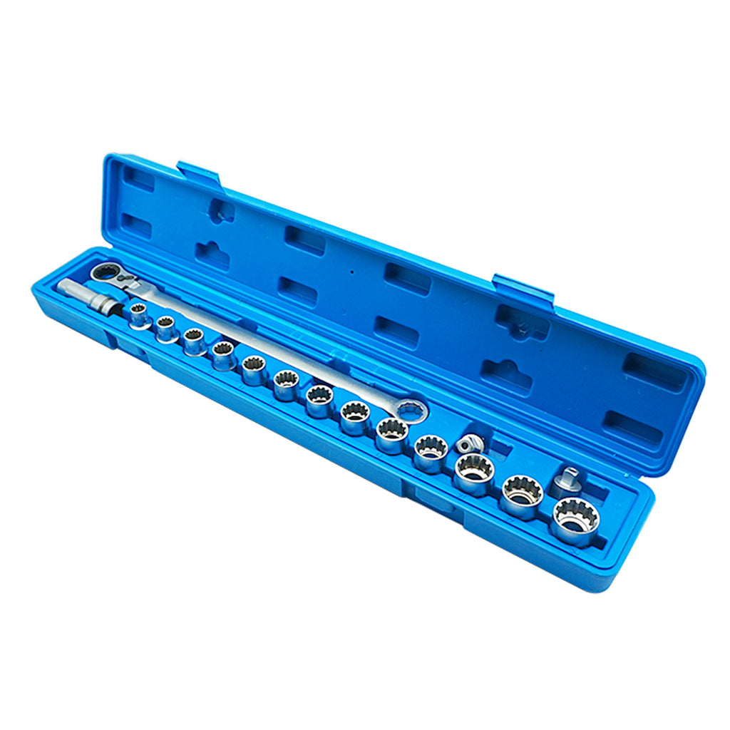 Extra-Long Flex-Head Ratchet Socket Wrench Set — 12-Point Spline Sockets, Cr-V, Satin Chrome