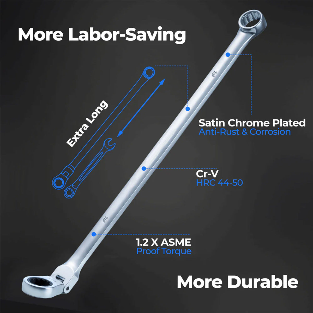 Extra-Long Flex-Head Ratchet Socket Wrench Set — 12-Point Spline Sockets, Cr-V, Satin Chrome