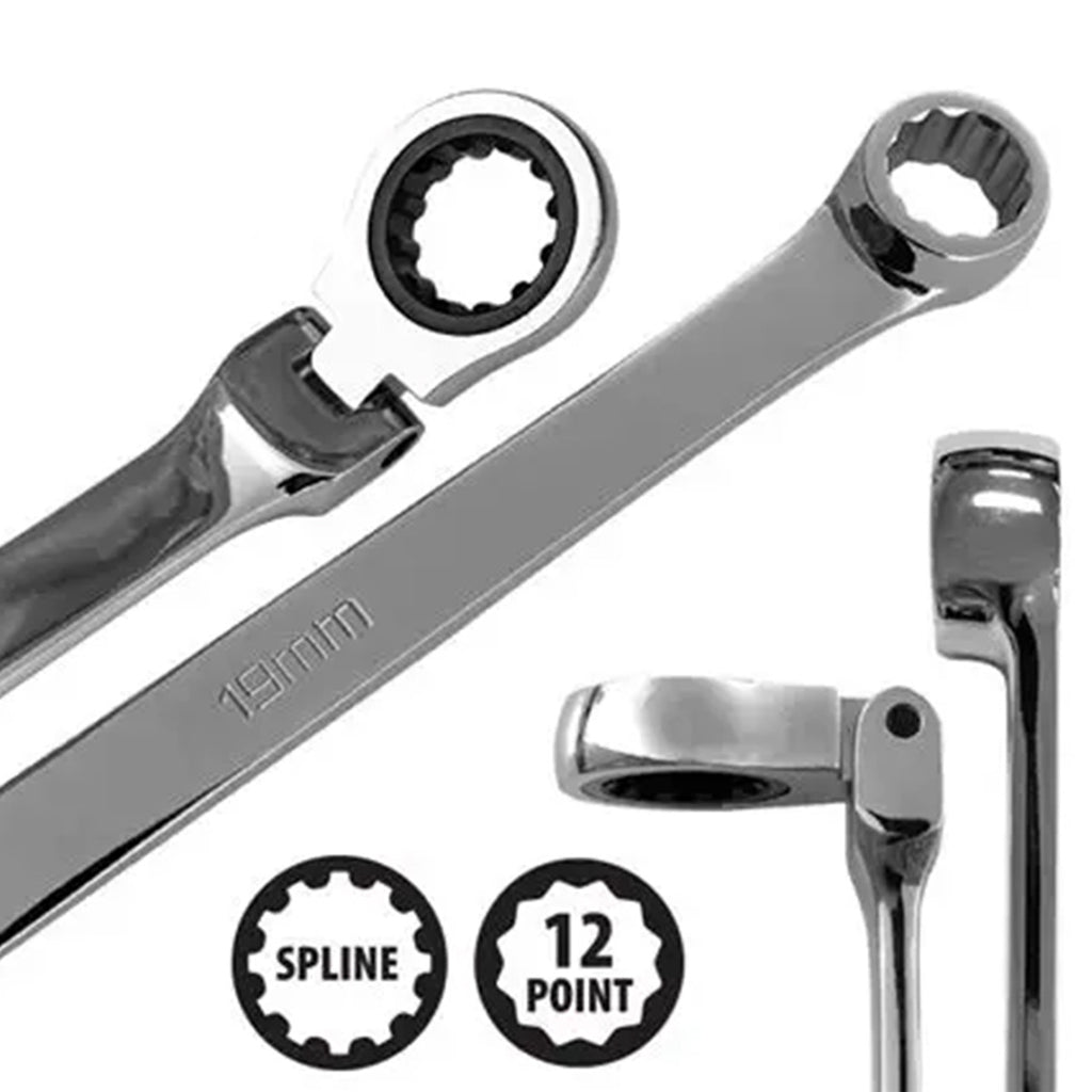 Extra-Long Flex-Head Ratchet Socket Wrench Set — 12-Point Spline Sockets, Cr-V, Satin Chrome