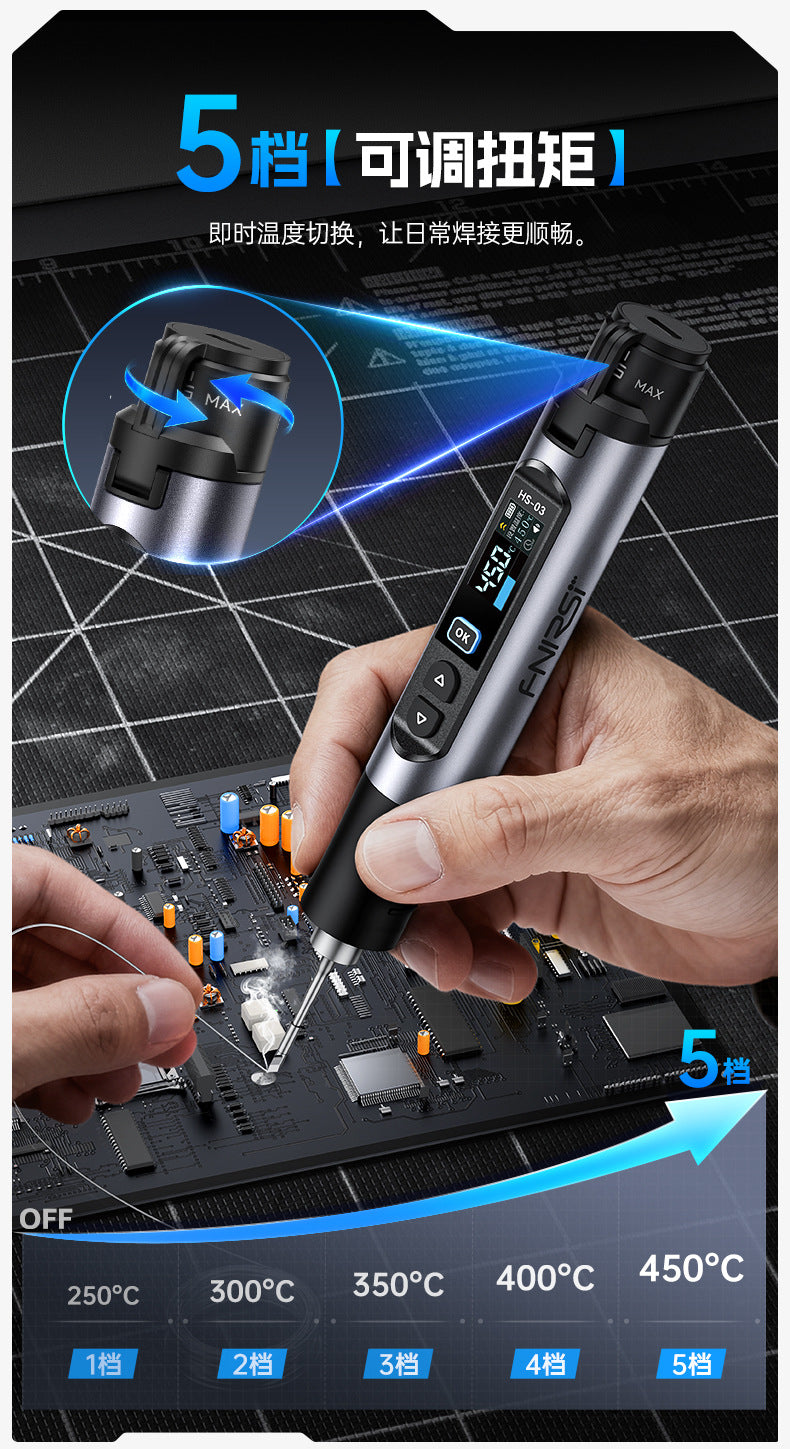 FNIRSI HS-03 Smart Wireless Soldering Iron - 100-450C, 5-Level Temp Control, LCD Display, 3-in-1 Power