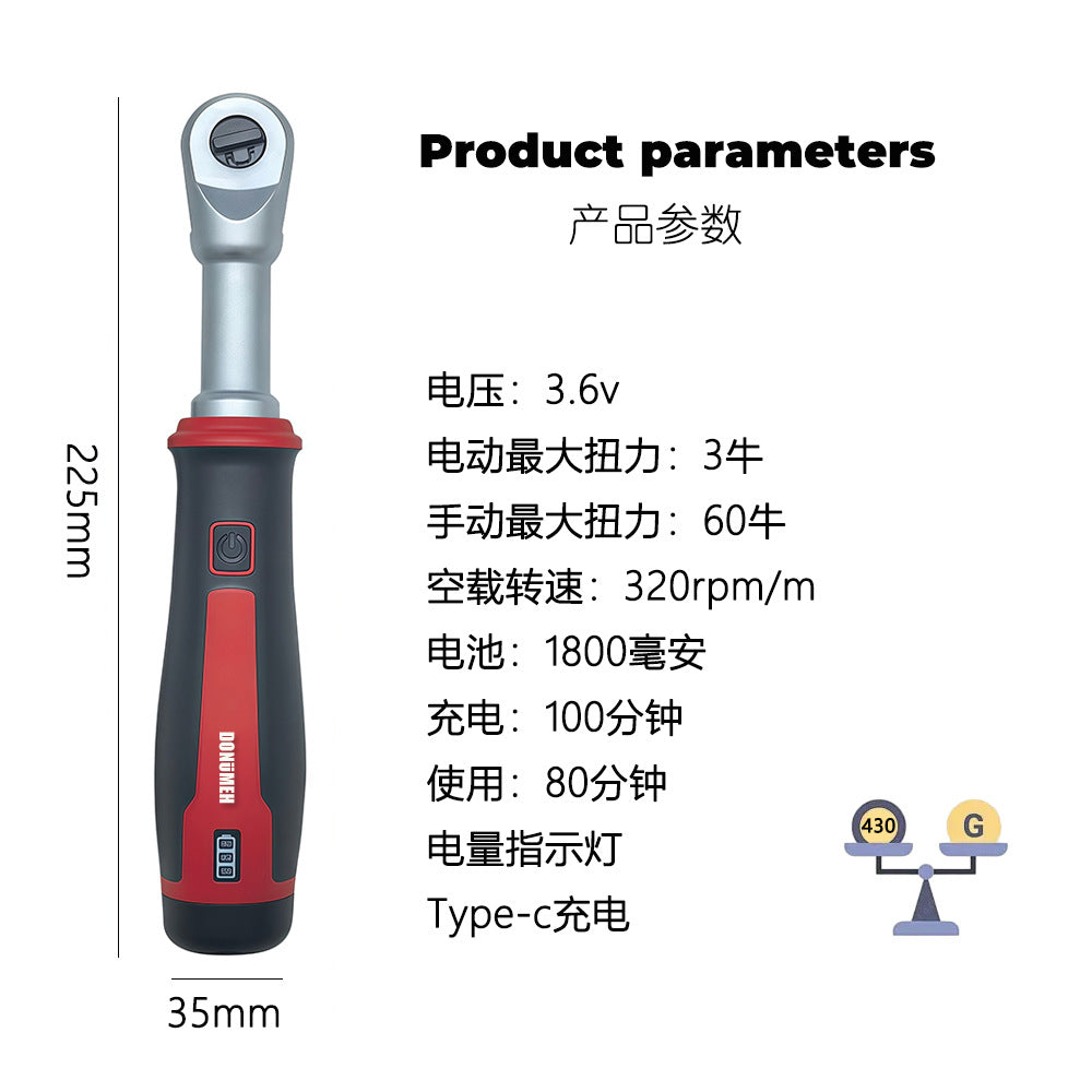 DONUMER Electric Ratchet Wrench 3/8" – Cordless, LED Light, Type-C Charging, 1800mAh