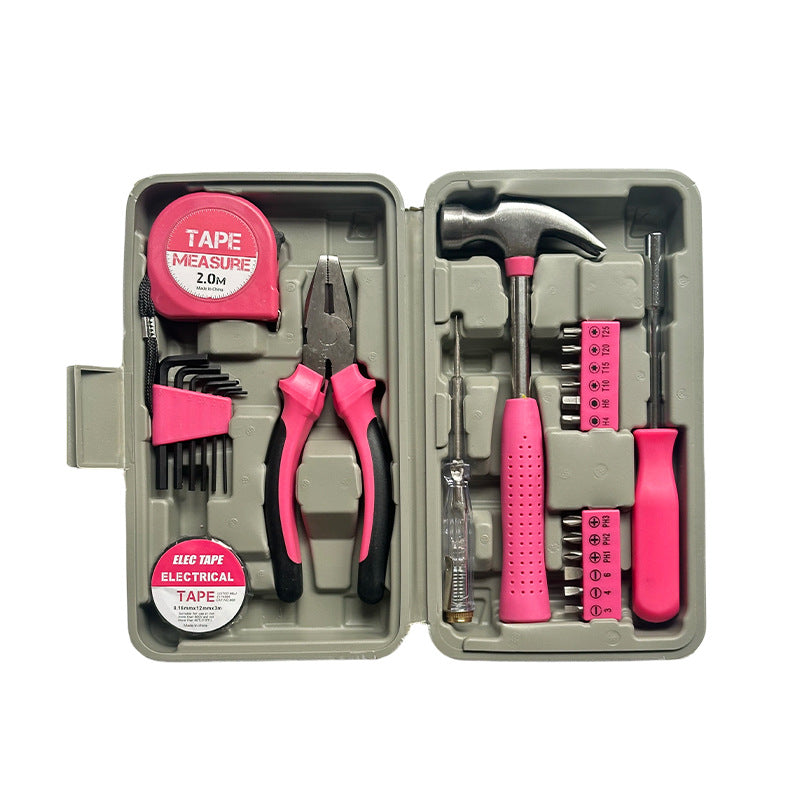 24-piece pink home tool kit open case with labeled tools