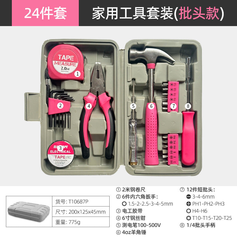 Pink 24-piece home tool kit open display