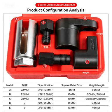 YATEXAUTO 5-Piece Oxygen Sensor Socket Set | 22mm Cr-V | Japanese & European Vehicles