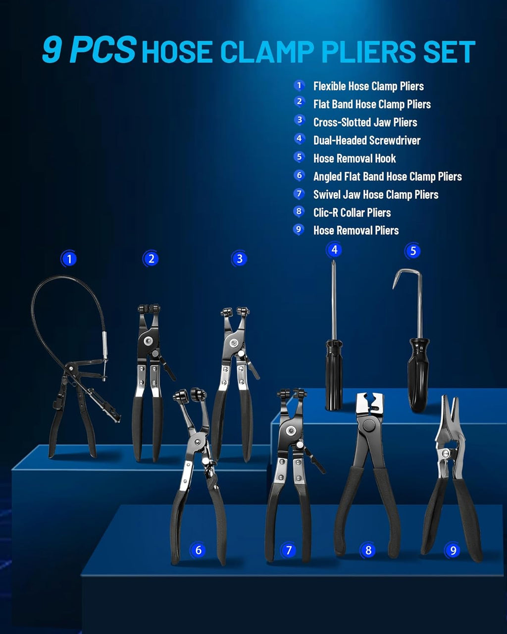 9PCS Hose Clamp Pliers Set | 24" Flexible Cable, Clic-R & Flat Band Clamp Tool | Coolant, Fuel & Oil Hoses | YATEXAUTO