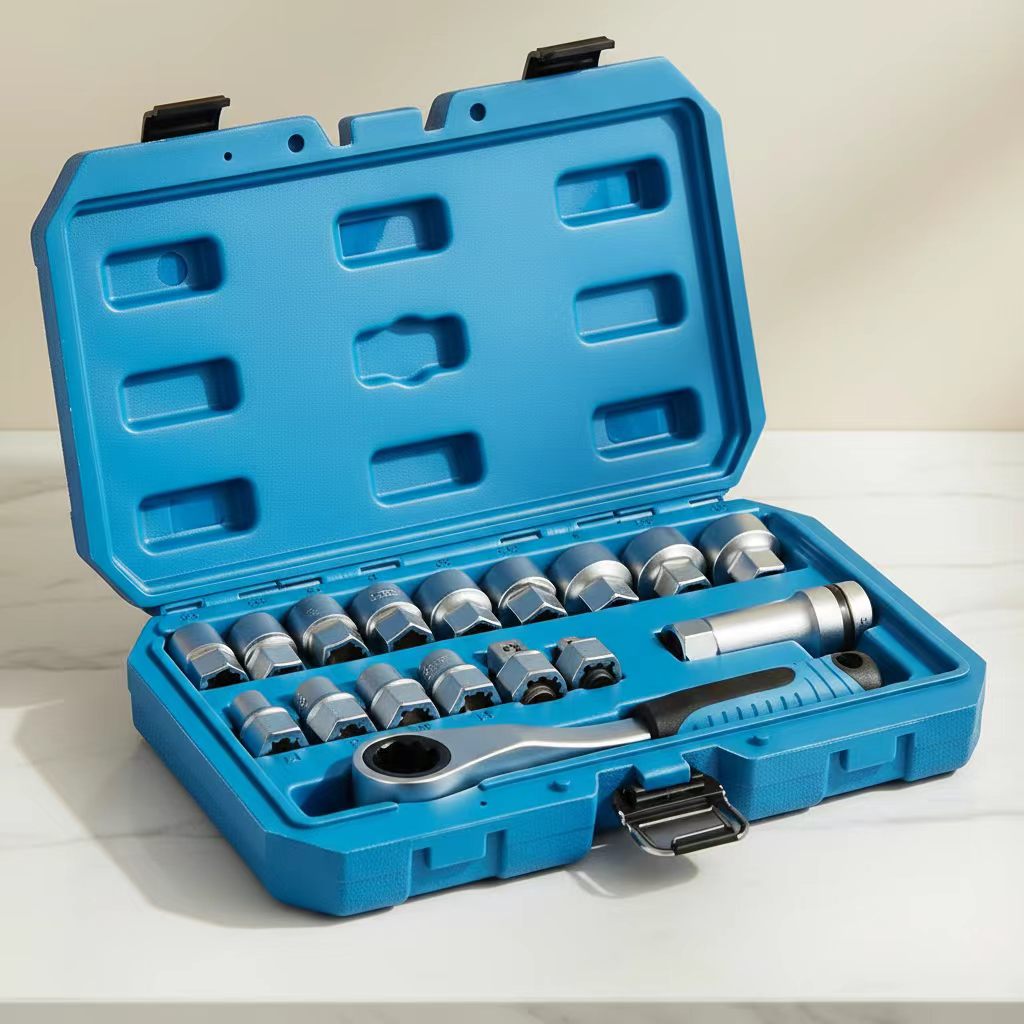 17-Piece Through-Core Ratchet Socket Set | 12-Point Spline 10–24mm | Bidirectional 19mm Bore | Chrome Vanadium Steel | For Long-Shank Screws